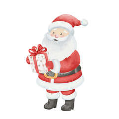 Santa Claus is holding white box with red bow. Gift for Christmas or New Year. Watercolor illustration on white background.
