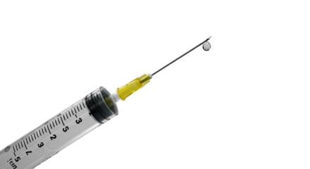 Pristine high-gloss acrylic medical syringe with black markings, matte rubber plunger, yellow cap, and a clear liquid droplet forming at its polished steel needle tip, low-angle macro shot, clinical