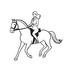 Black and white line art of a beautiful woman with perfect body riding horse elegant minimalist illustration