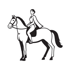 Black and white line art of a beautiful woman with perfect body riding horse elegant minimalist illustration