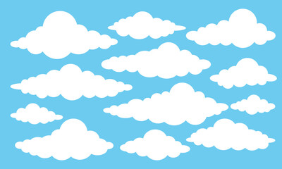 Collection of flat white clouds set on blue background. Vector set of cartoon flat illustration. Cloud