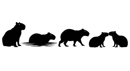 Silhouette of capybaras in various poses isolated on white background