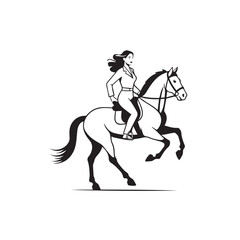 Black and white line art of a beautiful woman with perfect body riding horse elegant minimalist illustration