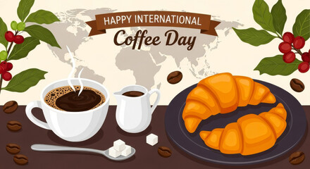 Happy international coffee day celebration with coffee cups and croissant on world map background