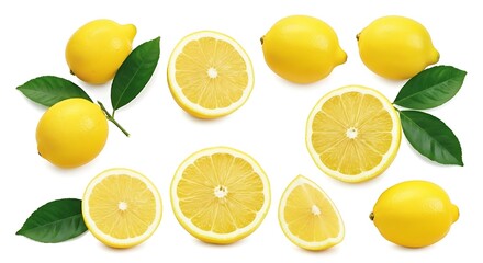 A vibrant, high-key studio shot showcases a dynamic arrangement of fresh lemons and their green leaves, capturing a sense of natural vitality and authentic food photography.