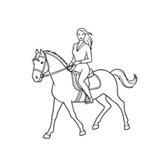 Black and white line art of a beautiful woman with perfect body riding horse elegant minimalist illustration