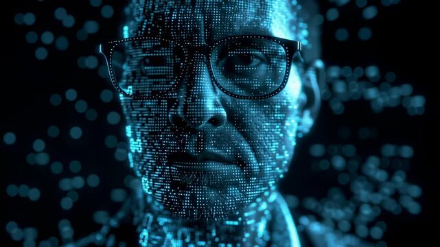 A man in glasses has a silhouette profile created from glowing data streams. Digital elements dissolve from his face against a dark backdrop. Concept of technology, data analysis, digital identity