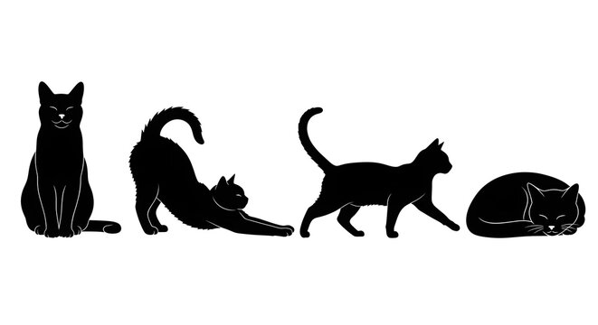 Silhouettes of a black cat in different poses isolated on white background