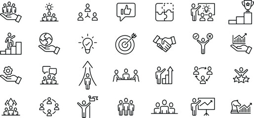 Business and Teamwork Icon Set – People, Communication, Group, Success, Strategy, Meeting, Presentation, Growth, Collaboration, Leadership, Company, Outline, Minimal, Black and White, Vector, Illustra