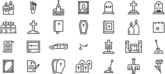 funeral icons set, memorial symbols graphics, death ceremony vector, cemetery design pack, funeral service icons, gravestone graphics set, remembrance symbols vector, spiritual memorial designs, buria © Geetaroy
