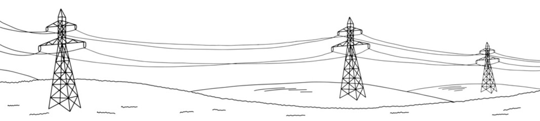 Power line graphic black white landscape long sketch illustration vector 
