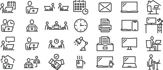 office icons set, meeting activity graphics, business process symbols, teamwork design pack, corporate office vector, work activity icons, business tools graphics, company task symbols, professional m