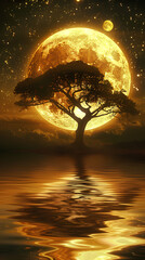 Night's Embrace: A lone tree stands silhouetted against a breathtaking night sky, with a colossal moon and shimmering reflections, painting a scene of mystical beauty.