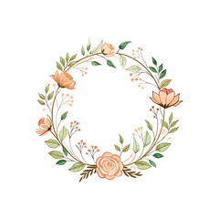 Elegant floral wreath with roses, leaves, and delicate branches on a light background