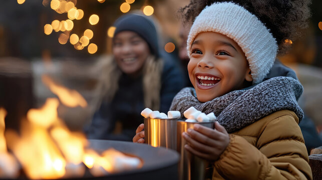 Family around fire pit in backyard, kids with marshmallows, adults holding Christmas drinks, cozy holiday mood