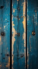 Fototapeta premium An old wooden surface with peeling paint and rusty nails is useful for designing vintage posters, decorating loft-style interiors, and illustrating stories about abandoned places.
