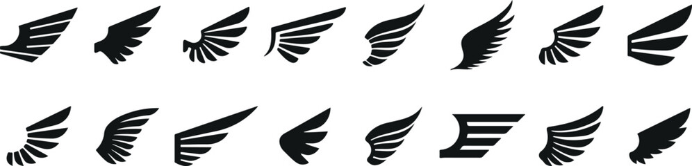  wings black icons, angel wing silhouettes, bird wings vector, fantasy wings doodle, aviation wings outline, gothic black wings, wing tattoo art, cartoon wing pack, minimal angel wings, stylish wing d