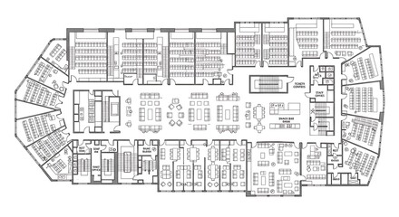 Architectural blueprint of a complex building layout with multiple rooms and corridors