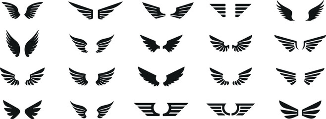 wings vector icons, bird wings silhouette, angel wings doodle, aviation wings cartoon, feather wings symbol, trophy wings pack, fantasy wings artwork, cartoon gothic wings, wings minimal doodle, black © Geetaroy