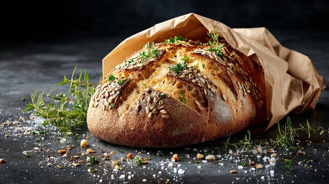 Freshly baked rustic bread loaf with golden crust and sprinkled seeds in paper bag on dark background