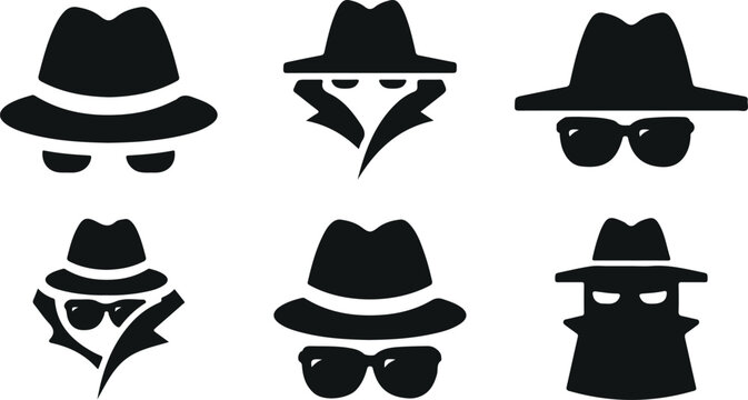 detective hat icon, spy silhouette vector, cartoon hat doodle, secret agent doodle, mystery cartoon symbol, hat disguise icon, spy mask doodle, stylish hat symbol, agency detective icon, mysterious ch