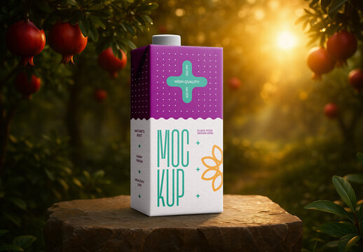 High Quality Realistic Pomegranate Juice Carton Packaging Mockup on Stone in Natural Garden with Sunlight and Fresh Fruit Trees &ndash; Perfect for Beverage Branding and Product Design