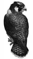 Detailed illustration of a peregrine falcon, showcasing intricate feather patterns in shades of gray and black.