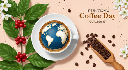 International coffee day celebration with a cup of coffee featuring the globe and coffee beans