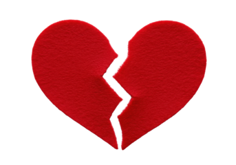 Torn crimson red felt heart, macro shot revealing fibrous interior & frayed edges on transparent background, dramatic studio lighting, shallow depth of field, concept of profound emotional impact