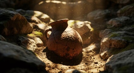 Obraz premium Ancient clay pot discovered buried in rock. Archeology excavation and historical find. Art and object.