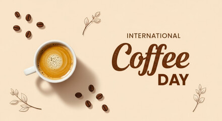 Top view of a white cup of coffee with foam and scattered beans celebrating international coffee day