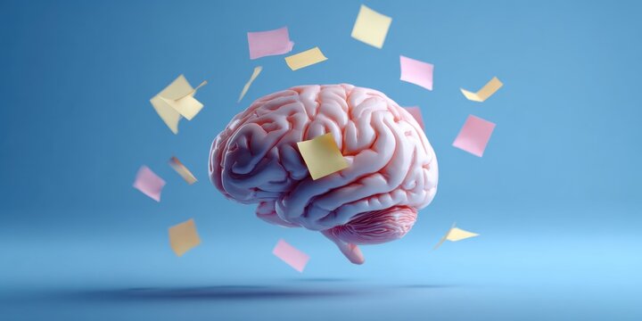 Pink brain with flying sticky notes on a blue background - Powered by Adobe