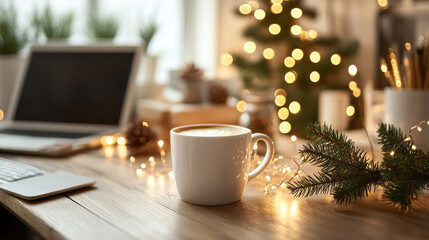 Festive home office setting with steaming cappuccino, sparkling Christmas tree lights, laptop, and pine branch adorning rustic wooden workspace
