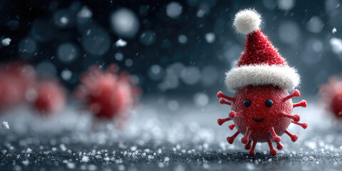Red virus cell in Santa hat with snowflakes on white background, conceptual Christmas pandemic illustration with safety awareness message and festive winter holiday design, copy space