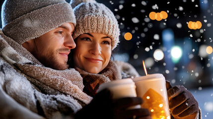 romantic couple sitting by fire with Christmas drinks wrapped in blanket during outdoor winter night while snow is falling