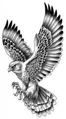 Detailed black and white illustration of a majestic falcon in flight, showcasing intricate feather details and powerful stance.