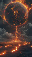 Planet in Turmoil: Witness a planet in fiery chaos, where molten land cracks and erupts, as searing lightning bolts connect it to the turbulent atmosphere.