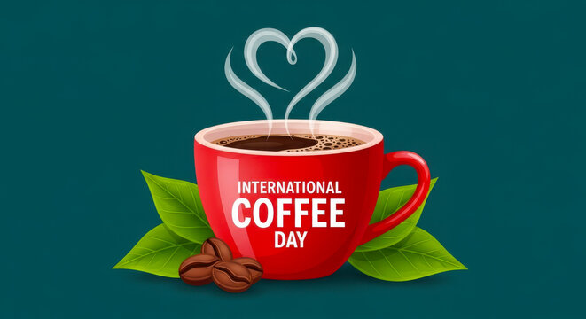 Red coffee cup with steam forming a heart shape celebrating international coffee day with coffee beans and leaves - Powered by Adobe