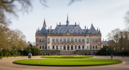 Naklejka premium Historic Castle with Gothic Architecture Surrounded by Green Park and Pathway in Daylight