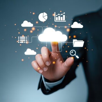 Cloud Computing: A modern depiction of an individual interacting with a luminous cloud, surrounded by data-centric icons.