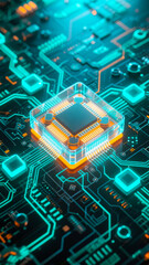 Fototapeta premium Close-up of a glowing microprocessor on a futuristic circuit board with illuminated pathways