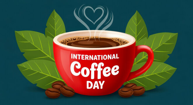 Red coffee mug with steam forming a heart shape celebrating international coffee day with coffee beans and leaves