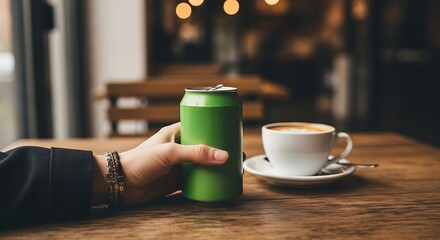 Person holding green can next to coffee.