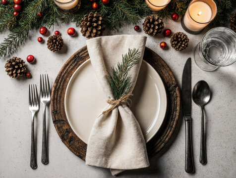 Rustic Christmas Dinner Table Setting with Pinecones, Wooden Accents, and Festive Greenery