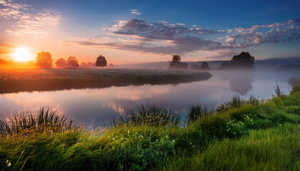 Serene Sunrise Over Misty River Lush Grassy Banks Reflecting A Pink Sunset