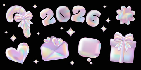 3d holographic New Year stickers set. Pink Chrome Envelope, Candy Cane, Heart, Gift box, Speech bubble, Flower, 2026 in Y2K style. Future galaxy aesthetic, 3D chrome bubble art. Metal glossy sticker s