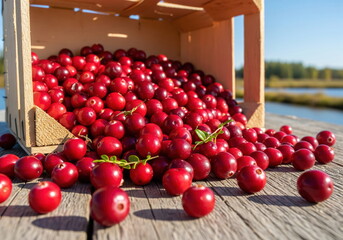 Fresh red cherries in wooden crate outdoors