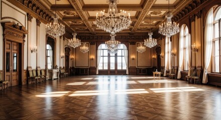 Elegant Grand Ballroom with Chandeliers and Large Windows in Classic Interior