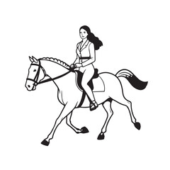 Black and white line art of a beautiful woman with perfect body riding horse elegant minimalist illustration