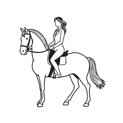 Black and white line art of a beautiful woman with perfect body riding horse elegant minimalist illustration